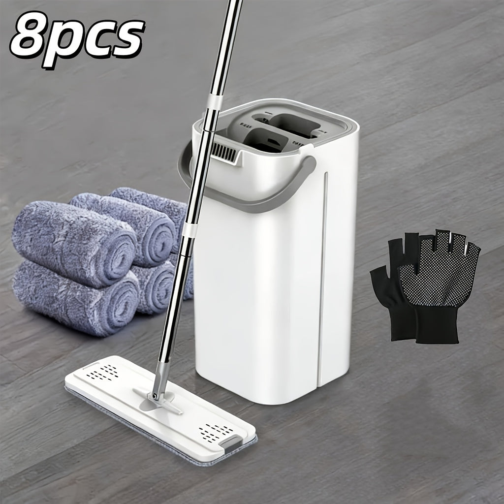 Hands-Free Flat Mop with Bucket 8-Piece Set Including 6 Microfiber Pads and Gloves, 360 Rotating Dry Wet Floor Mop for Bedroom Kitchen Bathroom, Household Cleaning Mop with Bucket Scraper and Wringer