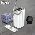 Hands-Free Flat Mop with Bucket 8-Piece Set Including 6 Microfiber Pads and Gloves, 360 Rotating Dry Wet Floor Mop for Bedroom Kitchen Bathroom, Household Cleaning Mop with Bucket Scraper and Wringer