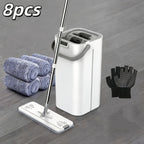 Hands-Free Flat Mop with Bucket 8-Piece Set Including 6 Microfiber Pads and Gloves, 360 Rotating Dry Wet Floor Mop for Bedroom Kitchen Bathroom, Household Cleaning Mop with Bucket Scraper and Wringer