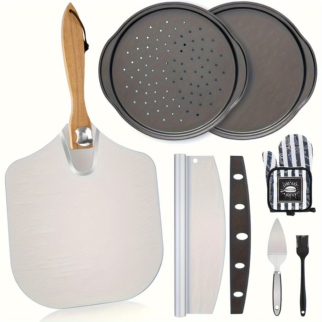 Pizza Making Set 7 or 8pcs – Aluminum Pizza Peel, Carbon Steel Pan, Rocker Cutter, Pie Server, Silicone Brush & Oven Mitts, Complete Pizza Tools for Oven & Grill