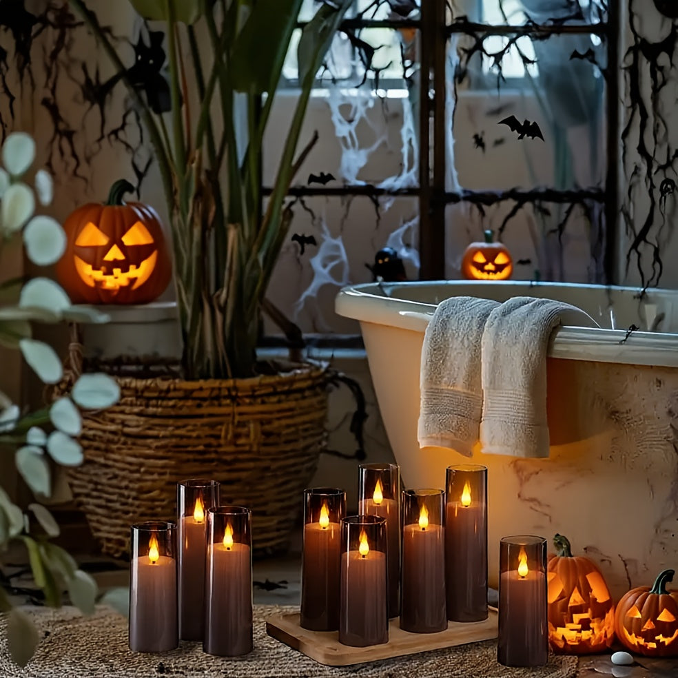 Flameless LED Pillar Candles Set of 5 with Remote Control & Timer, Battery Operated Flickering Candles, 3-Inch Diameter Organic Glass, 4" 5" 6" 8" Sizes - Ivory, Gray & Amber for Home & Halloween Decor