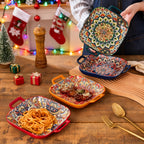 Bohemian Square Plate Set 4 Piece 9 Inch with Handles – Creative Ceramic Fruit & Pasta Dishes Microwave & Oven Safe – Aesthetic Boho Dinnerware Gift