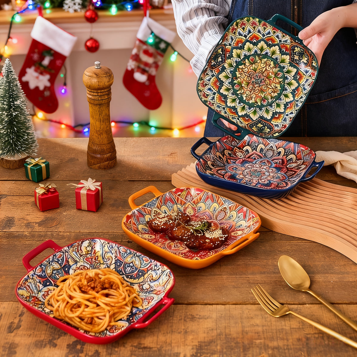 Bohemian Square Plate Set 4 Piece 9 Inch with Handles – Creative Ceramic Fruit & Pasta Dishes Microwave & Oven Safe – Aesthetic Boho Dinnerware Gift