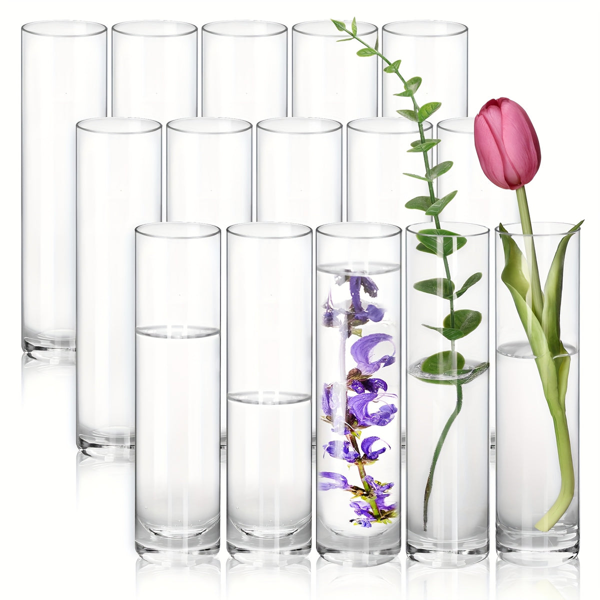 Glass Cylindrical Vase Bulk Set 15 30 50pcs – Handmade Clear Slender Vases for Wedding Centerpieces, Single Rose Display, Desk Aesthetics, Home & Party Table Decoration
