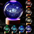Solar System Crystal Ball LED Night Light with Wooden Base - 3D Laser Engraved Planetary Model Space Lamp for Bedroom Living Room Desk Decor, Gift for Astronomy Enthusiasts and Space Educators