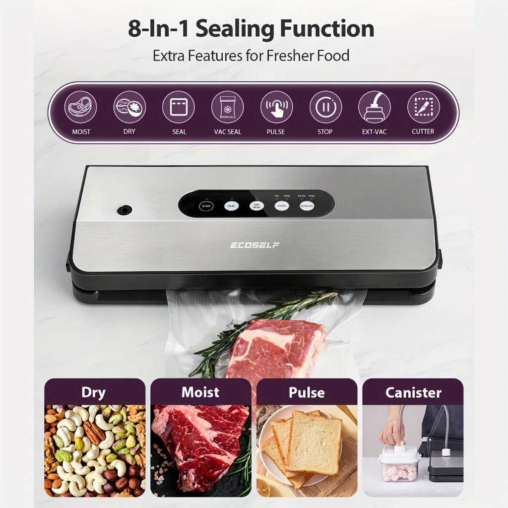 Vacuum Sealer Machine 8-in-1 65kPa Stainless Steel with Built-In Cutter, 10 Bags & External Vacuum Port – Food Sealer for Food Storage & Sous Vide, Model SJ2090