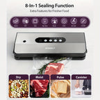 Vacuum Sealer Machine 8-in-1 65kPa Stainless Steel with Built-In Cutter, 10 Bags & External Vacuum Port – Food Sealer for Food Storage & Sous Vide, Model SJ2090