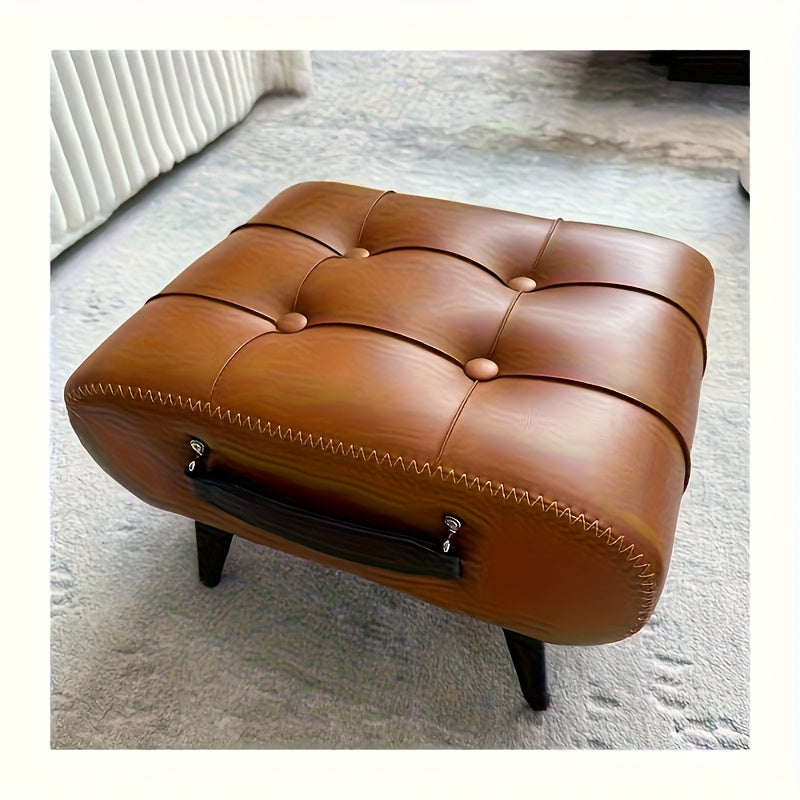 Oil Wax Leather Padded Footstool – Low Stool Shoe Changing Bench for Living Room Entryway Bedroom Foyer, Stylish Home Decor Seating, 2 Colors 2 Sizes