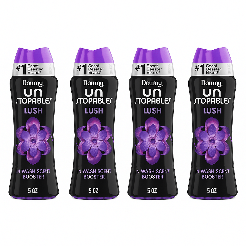 Downy Unstopables Lush In-Wash Scent Booster Beads 4-Pack 5oz Each – Lavender Cedar Vanilla Fragrance, 12-Week Freshness, Safe for All Fabrics & Washing Machines