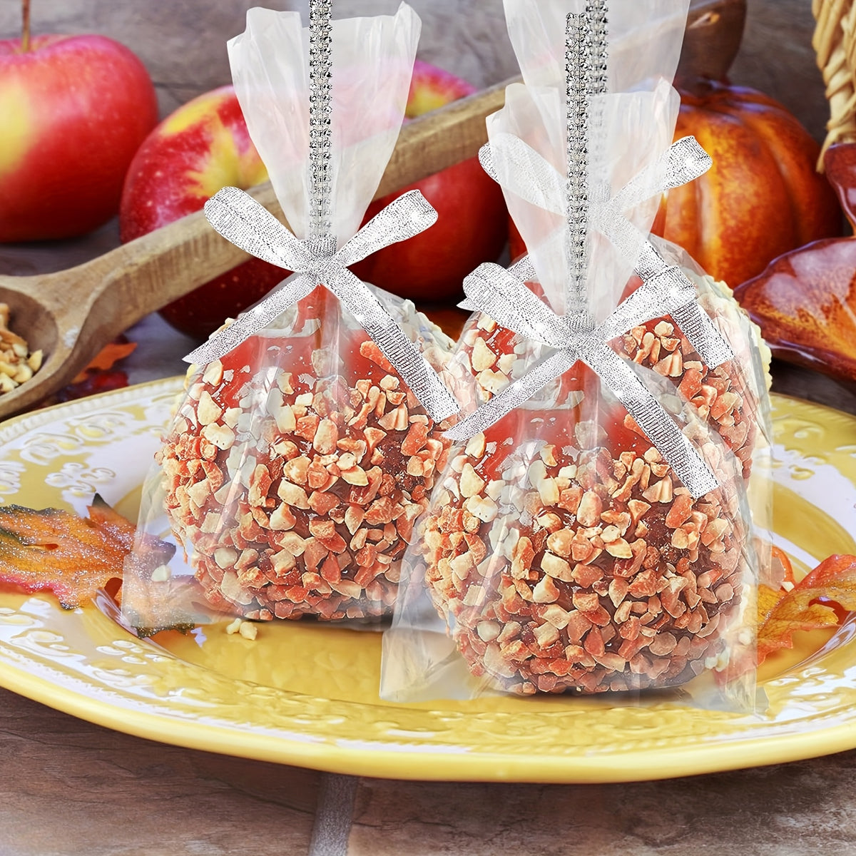 Candy Apple Sticks Bling Caramel Apple Wooden Skewers with Gift Bags & Glitter Ribbons - 25 or 49 Pack Decorative Cake Pop Sticks for Party Supplies, Halloween, Holidays, Silvery & Golden