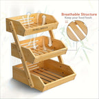 3 Tier Bamboo Fruit Basket Rack Large Capacity Countertop Kitchen Storage for Fruits Vegetables & Bread – Natural Wood Ventilated Design