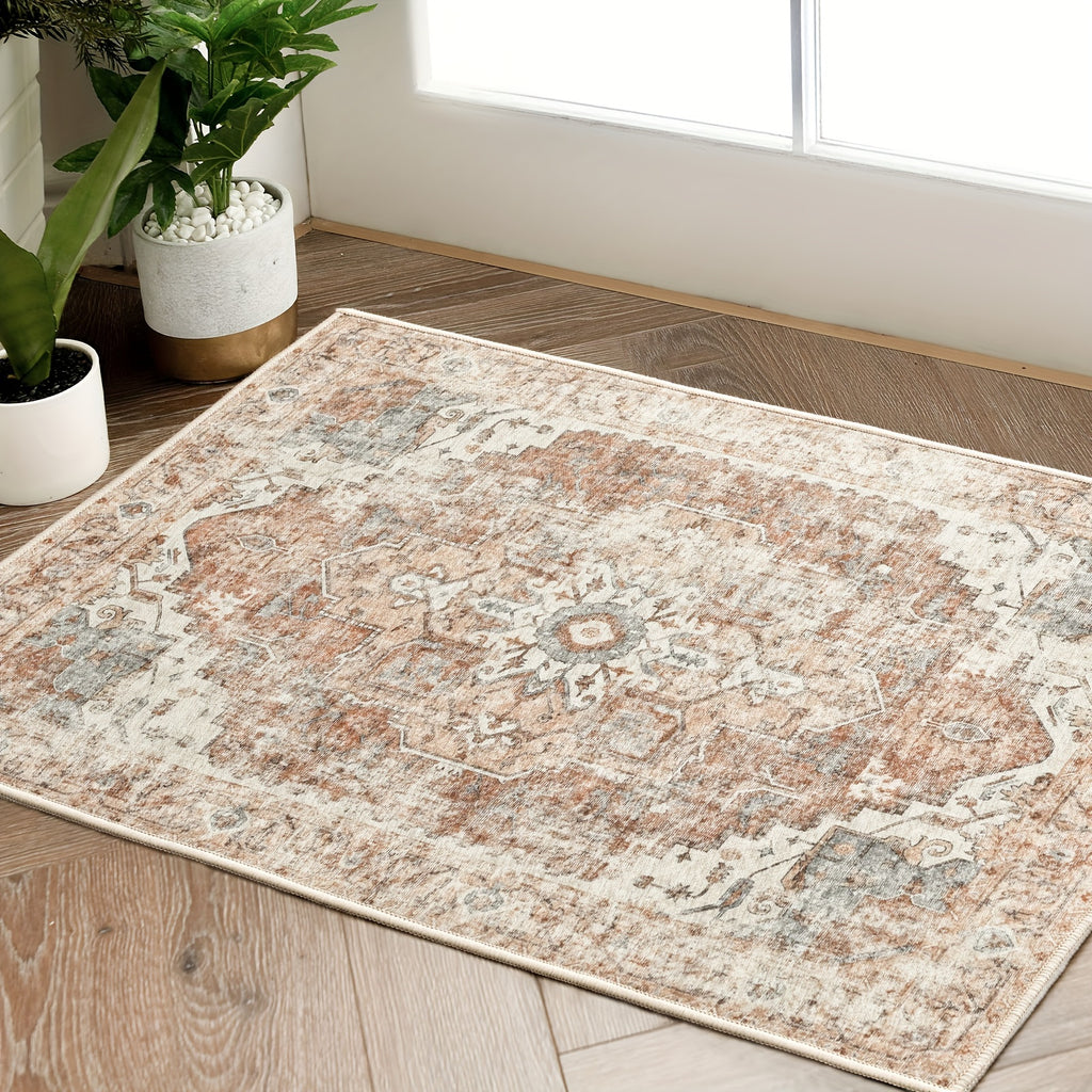 Washable Vintage Area Rug - Chenille Retro Distressed Multi-Print Foldable Lightweight Accent Rug for Entryway Bathroom Kitchen Living Room and Bedroom