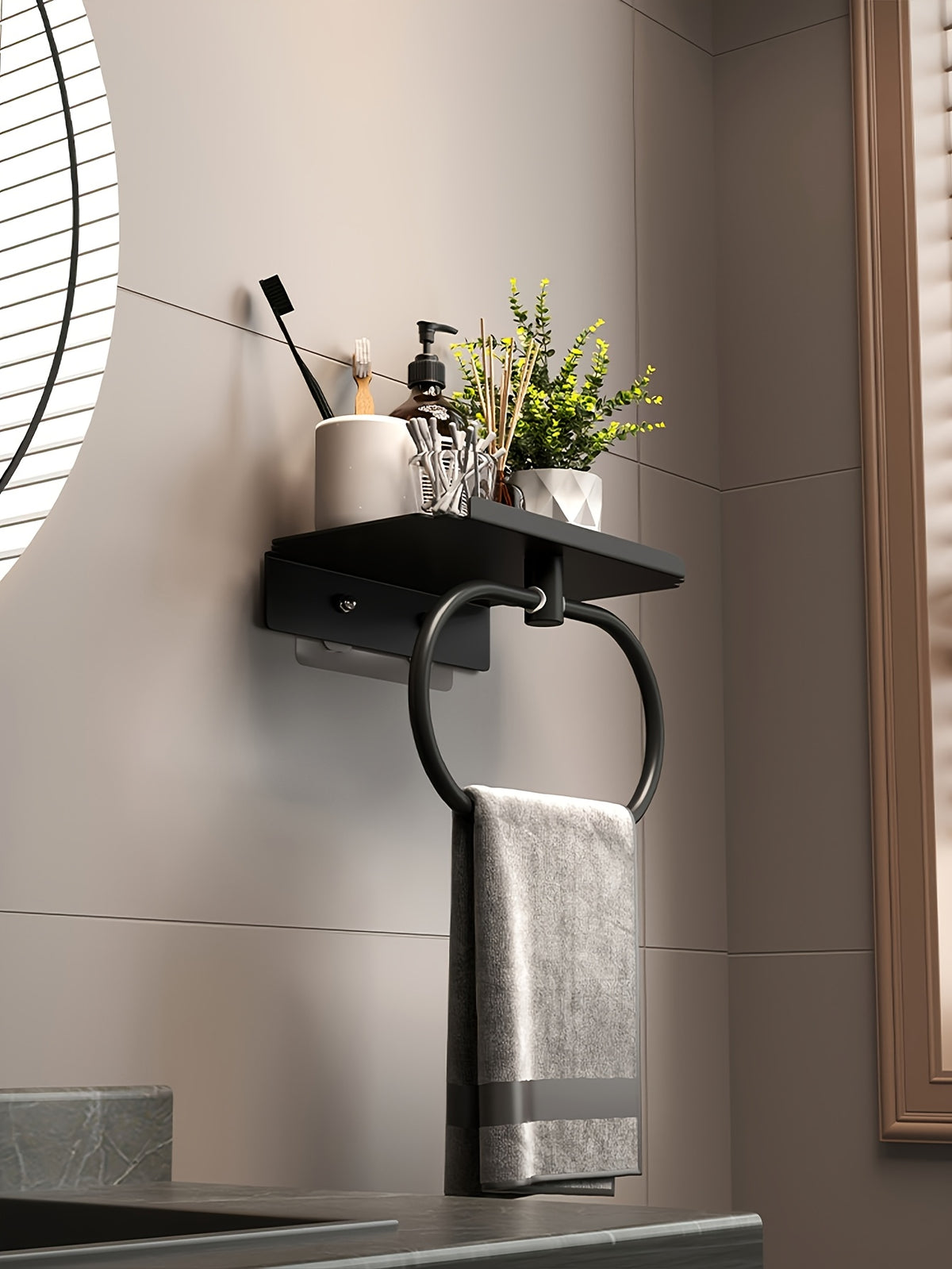 Oval Metal Towel Ring Wall Mounted – No-Drill Bathroom Organizer, Modern Matte Black Finish, Durable & Elegant Home Decor