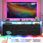 55" Wide Dresser for Bedroom with 10 Drawers, LED Lights & Power Outlets – Long Storage Chest, TV Stand up to 65", Metal Frame + Wood Top, Built-in Charging Station, Tiger Print / Black Wood Grain