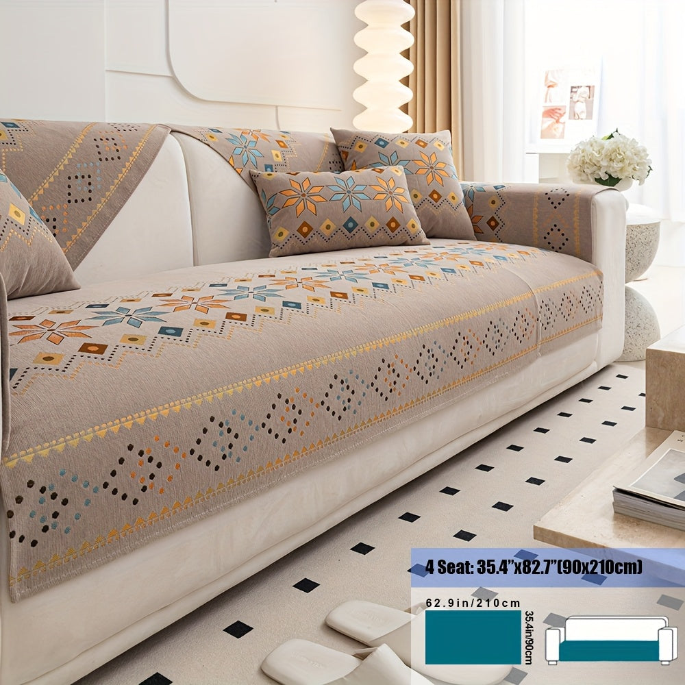 Embroidered Chenille Sofa Slipcover Bohemian Geometric Floral Pattern | Non-Slip Machine Washable Couch Cover for 1-2-3-4 Seater with Armrest & Pillow Cover Options, 6 Colors