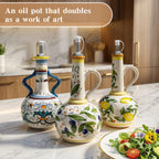 Hand-Painted Ceramic Oil & Vinegar Dispenser Set, Anti-Drip Leak-Proof Underglaze Kitchen Condiment Bottles with Oil Spout & Foot Pad, Artisan Table Serveware, Great Housewarming Gift