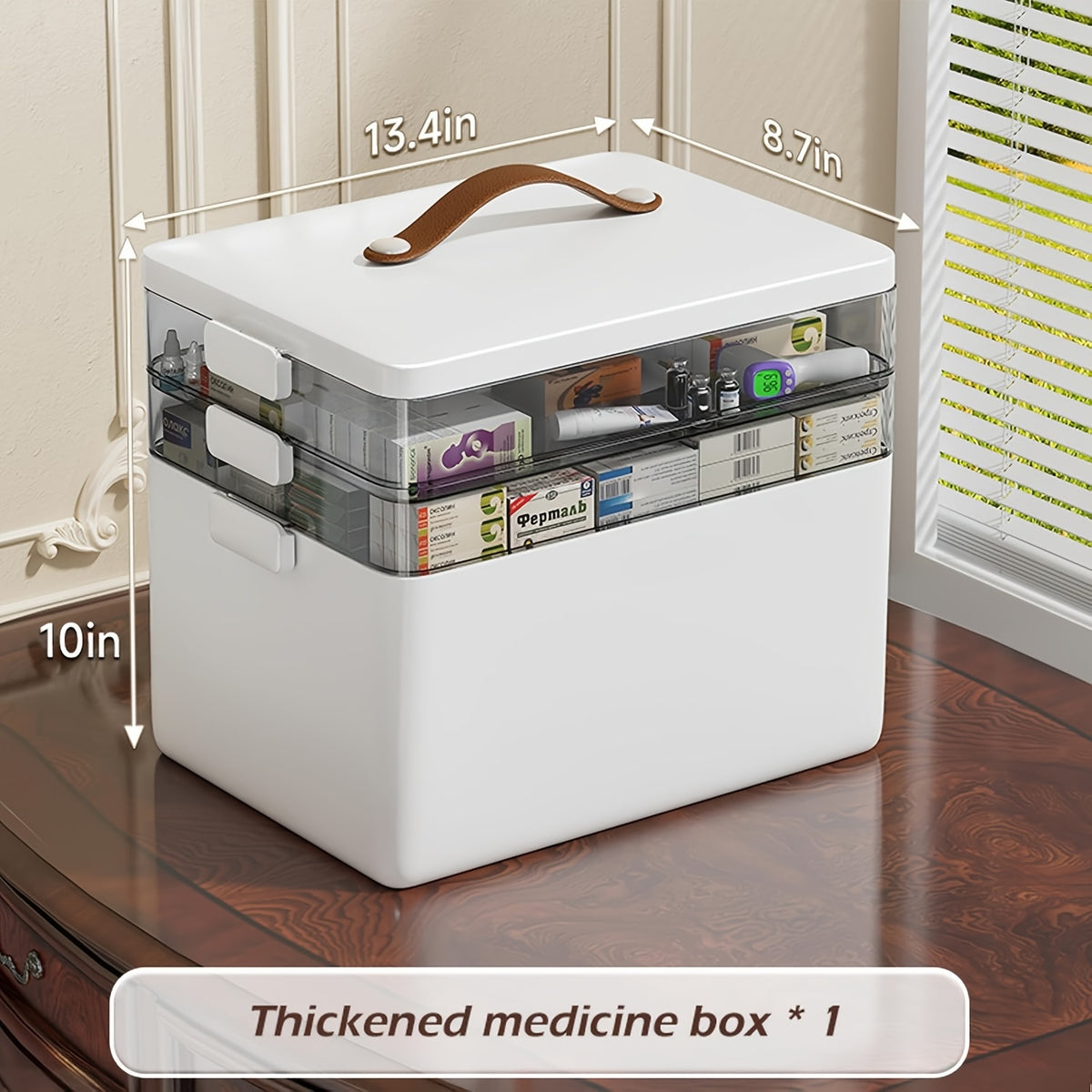 Medicine Organizer Cabinet 3 Tier Portable First Aid Box with Leather Handle BPA Free Airtight Moisture Resistant Medicine Storage for Home Office Bathroom Desktop