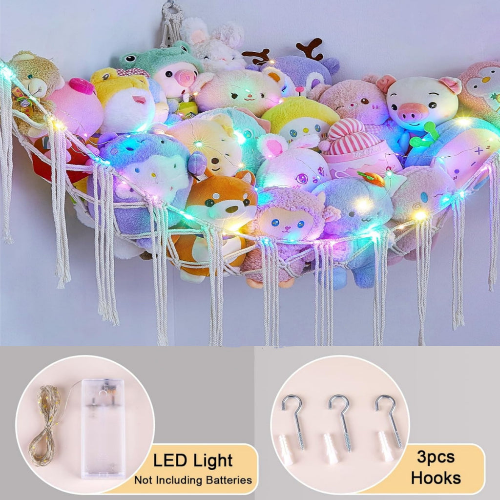 Stuffed Animal Storage Hammock with Star Lights – Corner Mesh Toy Organizer with Hooks for Kids Room, Bedroom & Nursery | White, Black & Pink