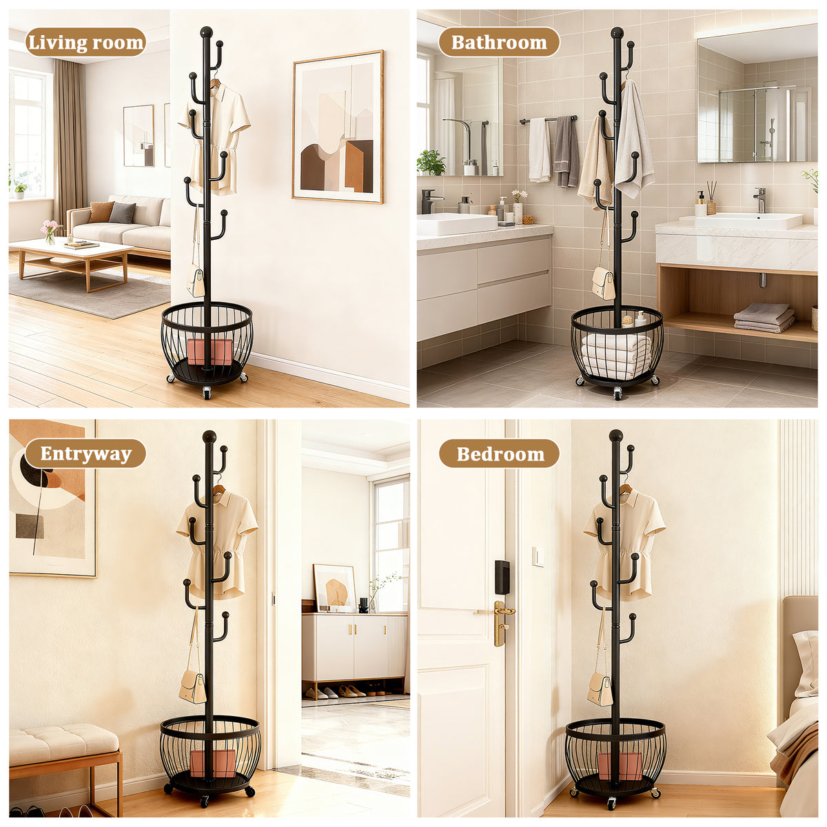 Rotating Coat Rack with Storage Basket and 6 Hooks 4 Wheels Freestanding Entryway Organizer for Coats Hats Bags