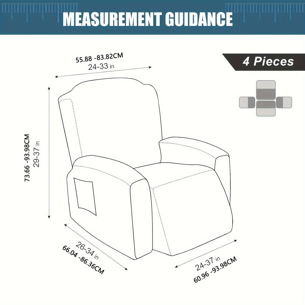 Stretch Recliner Sofa Slipcover Set of 4, Washable Couch Protector for Single Reclining Sofa with Elastic Base, Furniture Cover for Living Room
