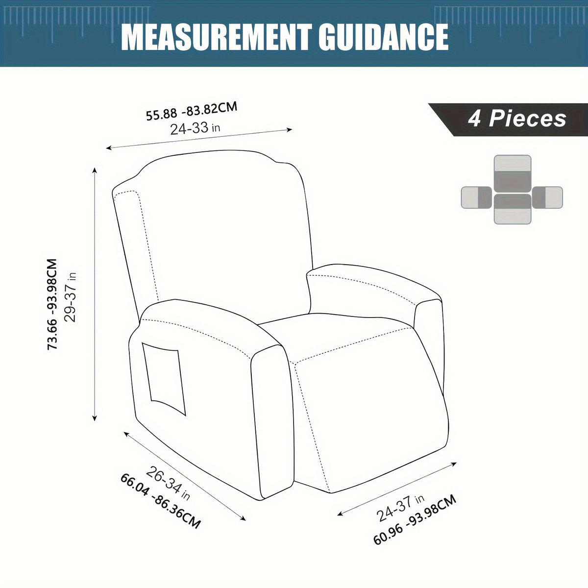 Stretch Recliner Sofa Slipcover Set of 4, Washable Couch Protector for Single Reclining Sofa with Elastic Base, Furniture Cover for Living Room