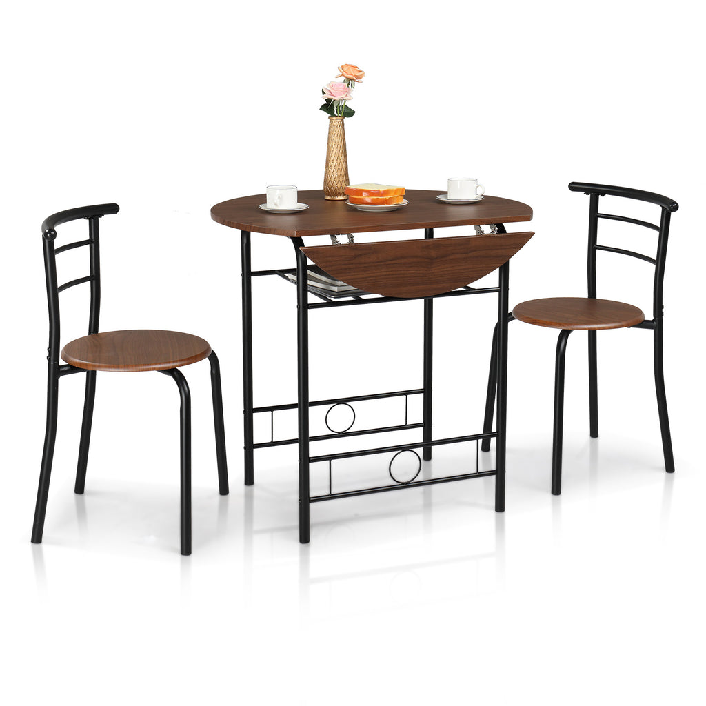 3-Piece Bistro Dining Set Drop Leaf Table and 2 Chairs Space Saving Kitchen Table Set for 2 with Wine Rack Metal Frame for Small Space Apartment Breakfast Nook