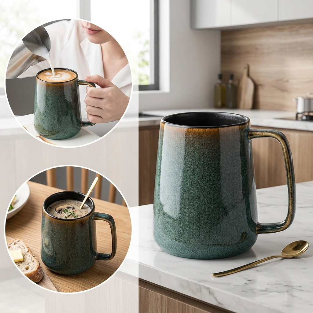 Large Ceramic Coffee Mug 24oz Vintage Style Dishwasher & Microwave Safe - Big Latte Cup for Men & Women, Office & Home, Hot Coffee Tea Soup Milk, Green & Blue Colors