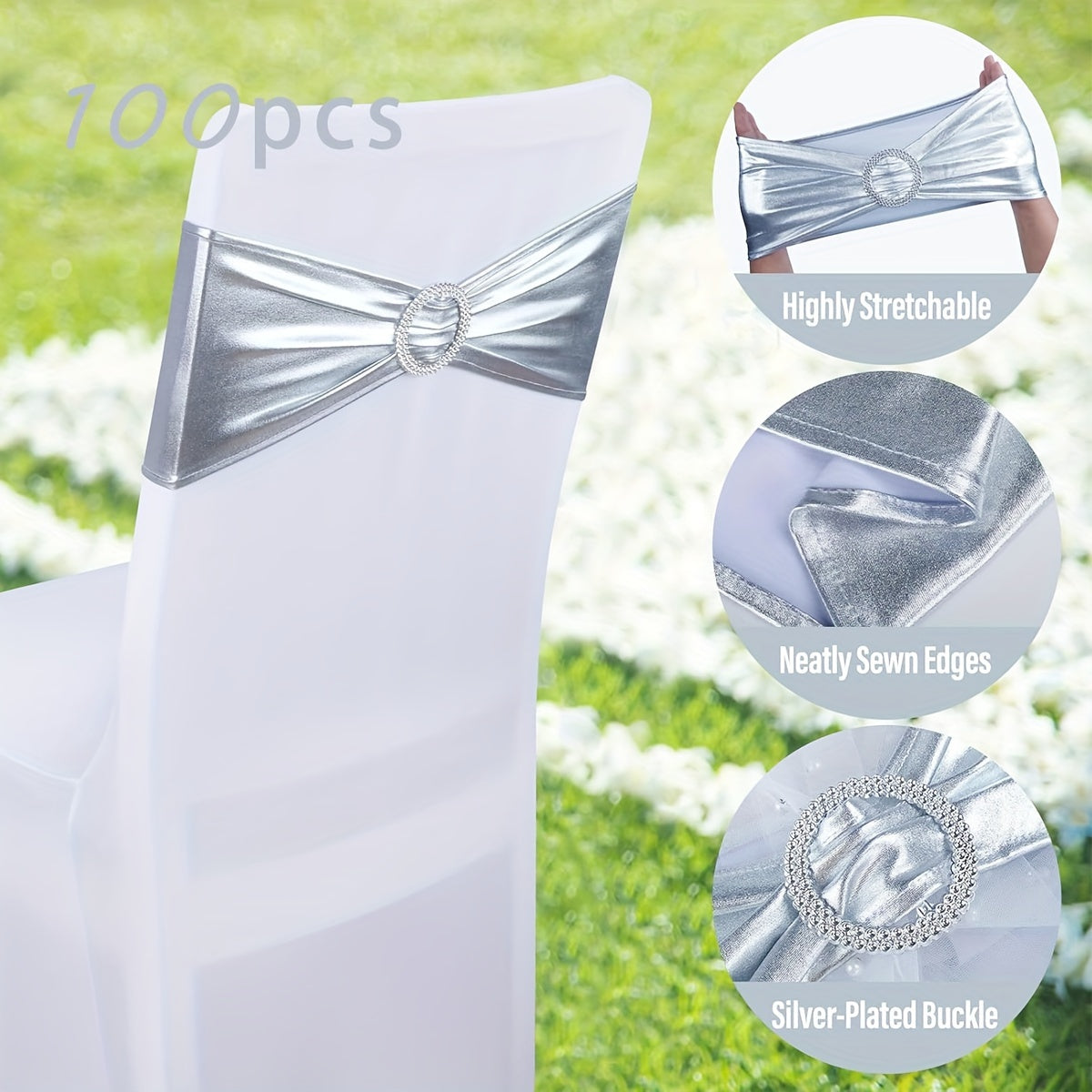 Spandex Chair Sash Bows 100-Pack Metallic Gold Silver Rose Gold Wedding Chair Belts Decorative Bow Ties for Banquet Event Party Chairs – Elastic Chair Bands for Wedding Reception Decoration