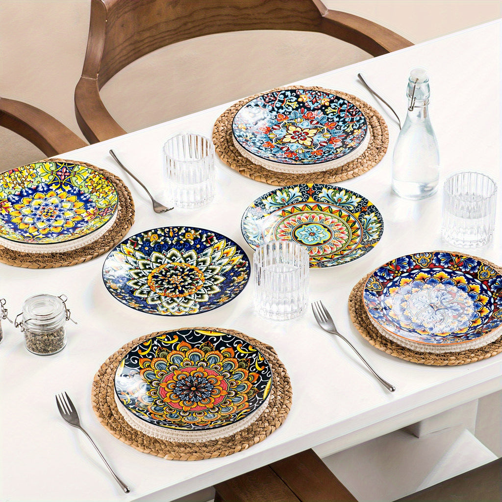 Bohemian Ceramic Salad Plates Set of 6 – 8.5 Inch Colorful Dessert Plate Set, Microwave Oven & Dishwasher Safe, Boho Style Kitchen Dishes