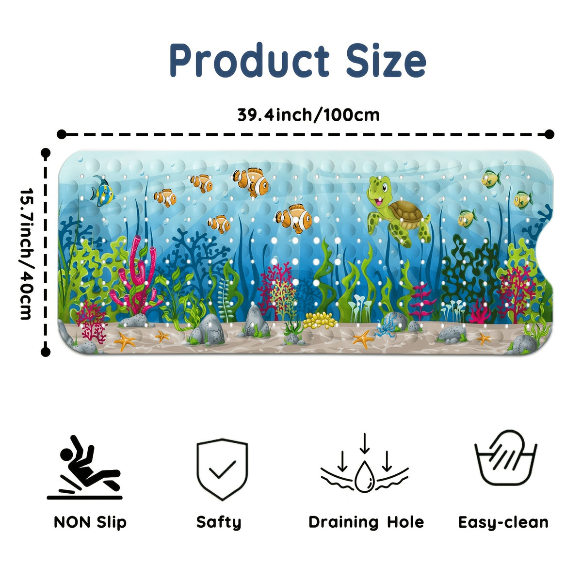 Non-Slip Bathtub Mat with Suction Cups & Drain Holes – PVC Shower Mat 40x16, Cushioned, Machine Washable, Fun Ocean Designs for Kids & Adults