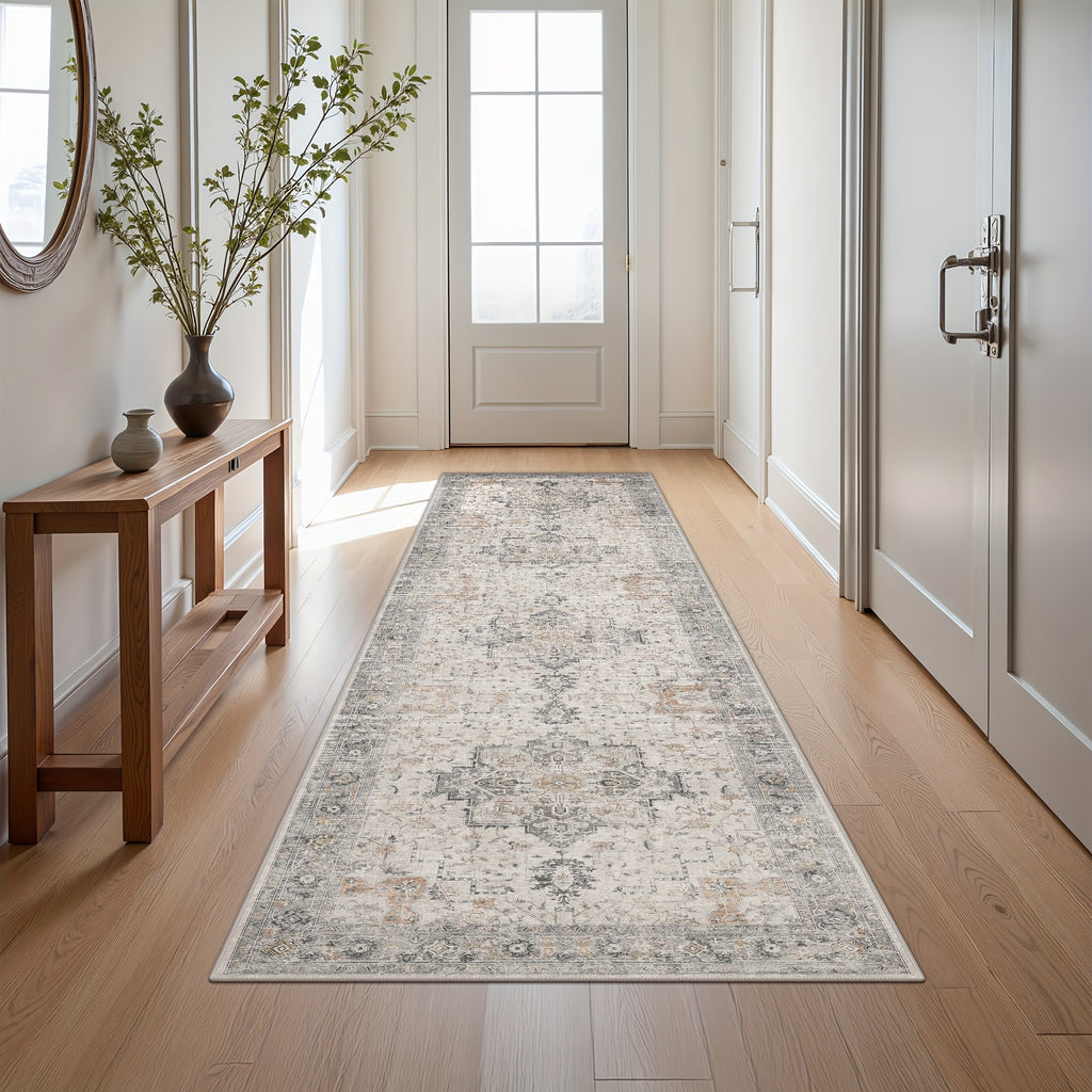 Vintage Floral Area Rug Machine Washable Non-Slip Runner Rug – Low Pile Soft Boho Hallway Carpet for Entryway, Kitchen, Corridor & Living Room – Light Taupe Brown, Multiple Sizes