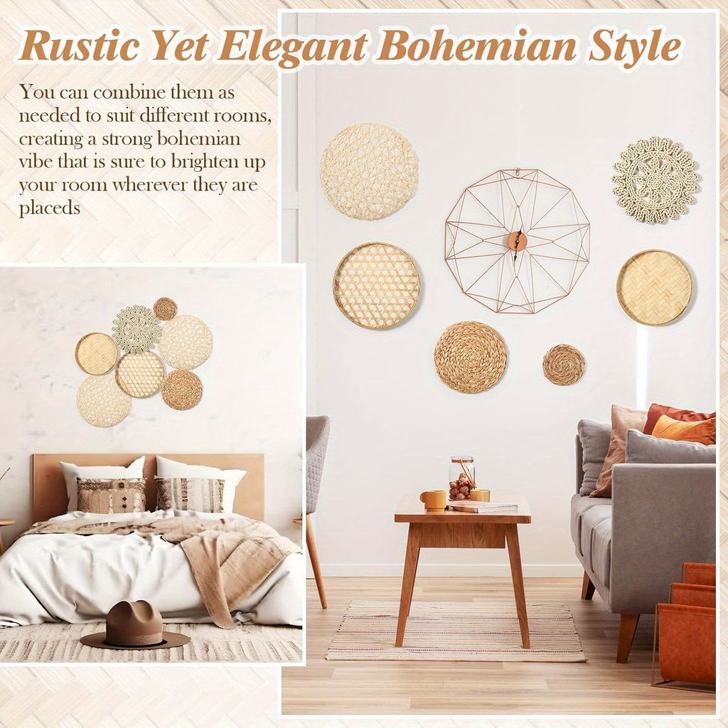 Boho Hand-Woven Hanging Baskets Set of 7 – Rustic Rattan Wall Decor & Storage Baskets for Living Room, Bedroom & Office