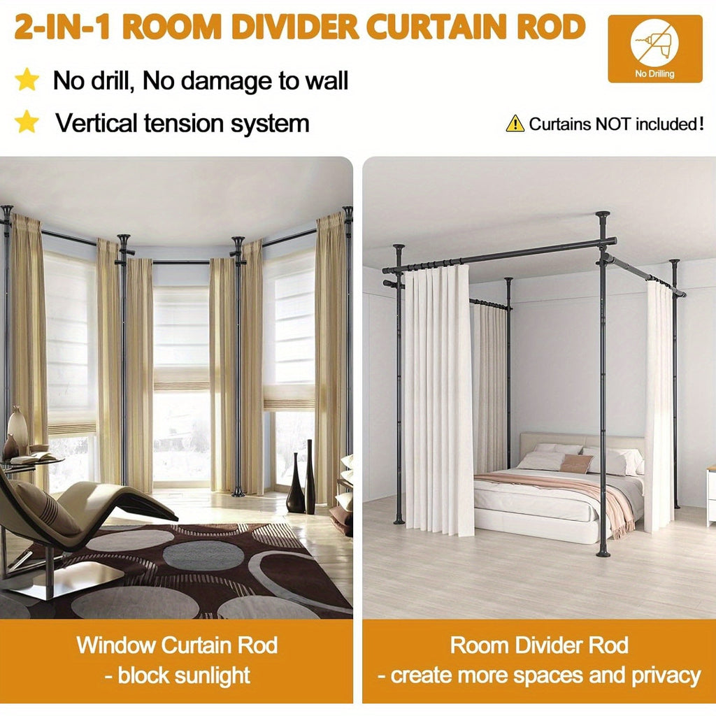 Adjustable Tension Room Divider Curtain Rod – No Drilling, 28–171" Wide, 4–10 ft Floor-to-Ceiling, Heavy Duty, Black & White (Curtains Not Included)