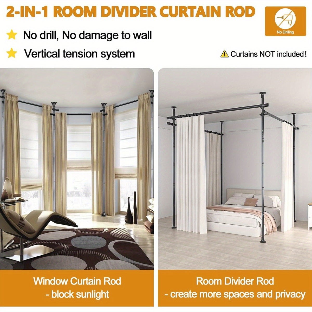 Adjustable Tension Room Divider Curtain Rod – No Drilling, 28–171" Wide, 4–10 ft Floor-to-Ceiling, Heavy Duty, Black & White (Curtains Not Included)