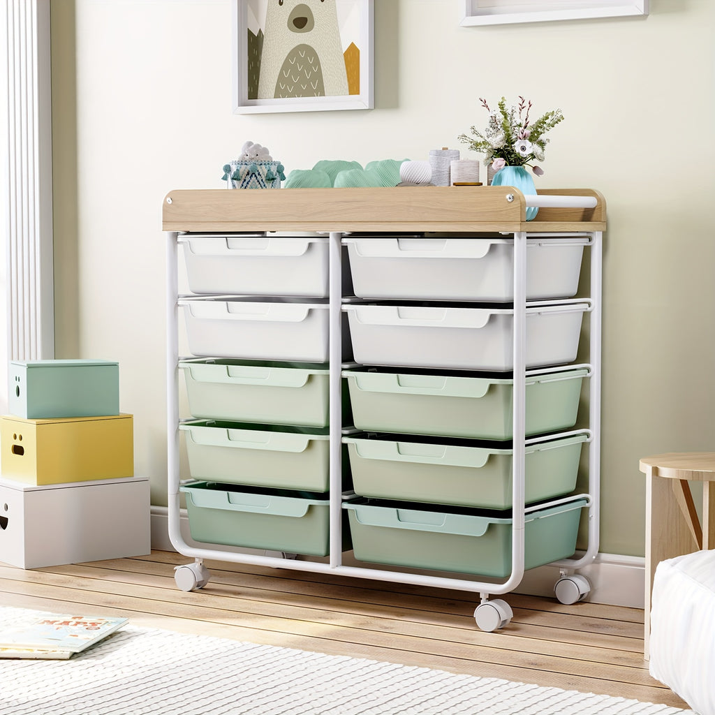 10-Tier Rolling Storage Cart with Drawers and Tabletop Portable Utility Organizer for Home Office Classroom Art Supplies Crafts Cosmetics Green White Rainbow