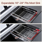 Stainless Steel Over-the-Sink Dish Drying Rack & Colander Strainer Basket with Expandable Grip – Heavy-Duty Sink-Mounted Dish Drainer for Vegetable Washing & Space-Saving Kitchen Organization