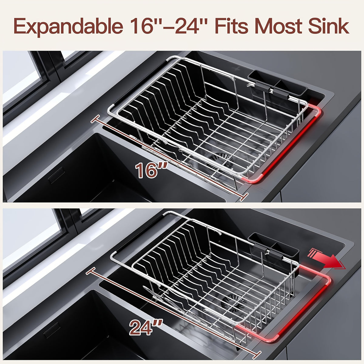 Stainless Steel Over-the-Sink Dish Drying Rack & Colander Strainer Basket with Expandable Grip – Heavy-Duty Sink-Mounted Dish Drainer for Vegetable Washing & Space-Saving Kitchen Organization