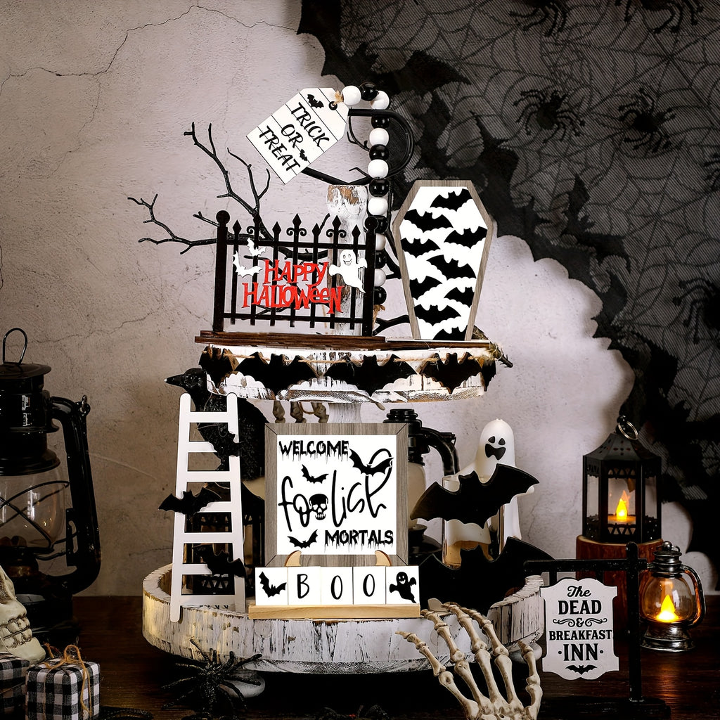 14-Piece Halloween Tiered Tray Decoration Set – Farmhouse Rustic Black & White Bat Wooden Signs for Table Kitchen Den Halloween Party