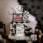 14-Piece Halloween Tiered Tray Decoration Set – Farmhouse Rustic Black & White Bat Wooden Signs for Table Kitchen Den Halloween Party