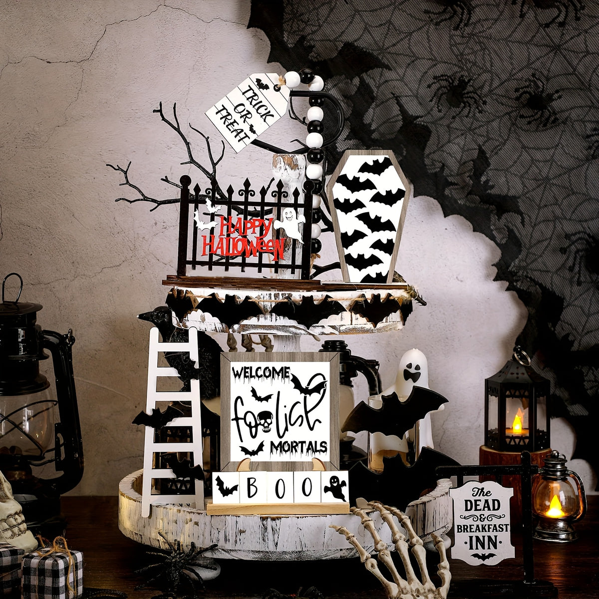 14-Piece Halloween Tiered Tray Decoration Set – Farmhouse Rustic Black & White Bat Wooden Signs for Table Kitchen Den Halloween Party
