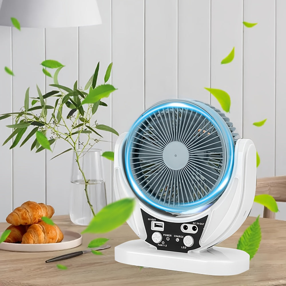 Portable Solar-Powered LED Camping Fan with USB Charging – Foldable 3-in-1 Fan, Light & USB Charger for Outdoor Adventures, Camping & Desktop Use