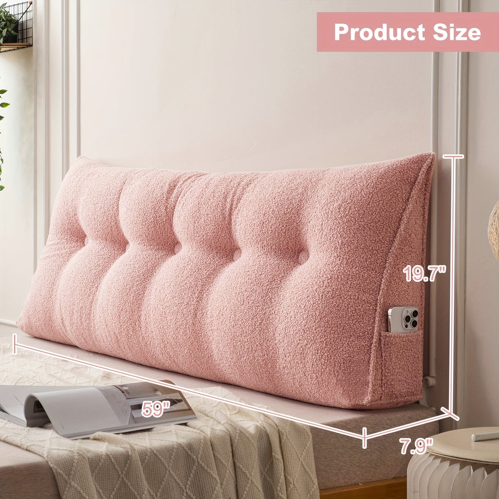 Wedge Headboard Pillow with Side Pocket Triangular Bed Reading Backrest Bolster, Teddy Velvet Removable Washable Cover Bed Gap Filler for Twin Queen King, 7 Colors