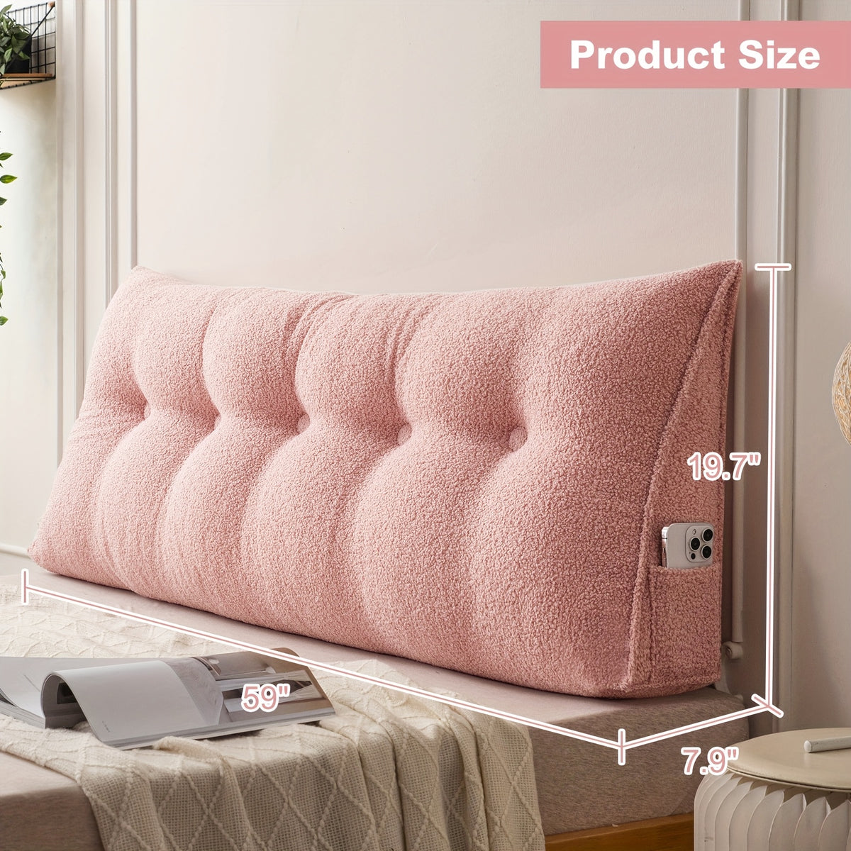 Wedge Headboard Pillow with Side Pocket Triangular Bed Reading Backrest Bolster, Teddy Velvet Removable Washable Cover Bed Gap Filler for Twin Queen King, 7 Colors