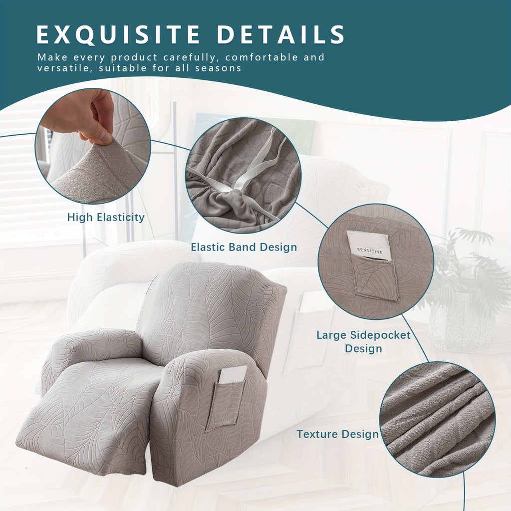 Jacquard Leaf Recliner Chair Cover 4-Piece Stretch Slipcover with Storage Pocket | Furniture Protector for Living Room Recliner, 6 Colors — Dark Gray Beige Wine Red Light Grey Chocolate Light Blue