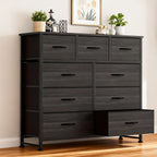 9 Drawer Fabric Dresser with Bins – Tall Chest of Drawers Organizer for Bedroom Closet Hallway Nursery, Steel Frame Wood Top Easy Pull Handles