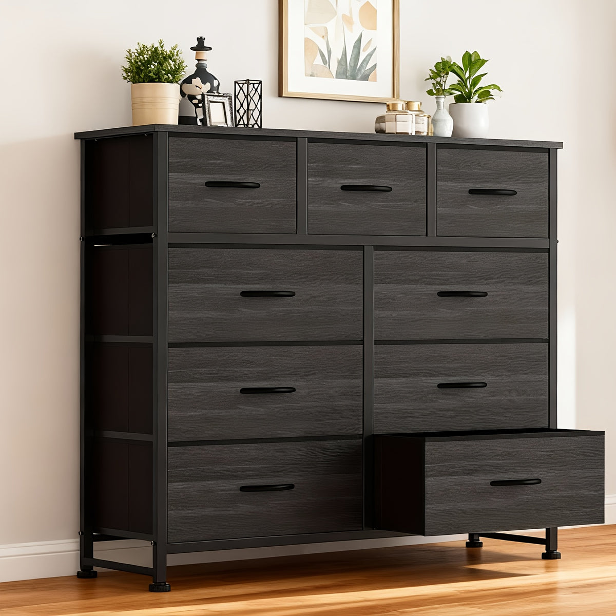 9 Drawer Fabric Dresser with Bins – Tall Chest of Drawers Organizer for Bedroom Closet Hallway Nursery, Steel Frame Wood Top Easy Pull Handles