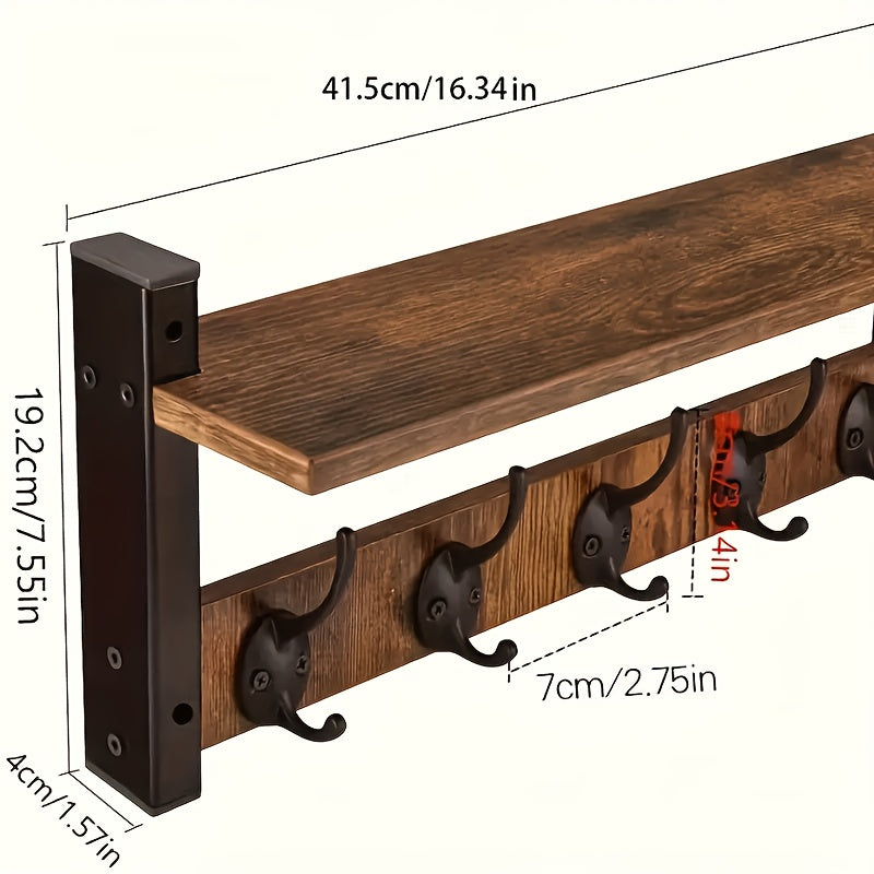 Wall Mounted Coat Rack with Shelf & Hooks – Heavy Duty Industrial Metal Entryway Organizer, Rustproof Multi-Hook Storage for Hallway Mudroom Porch, No Assembly