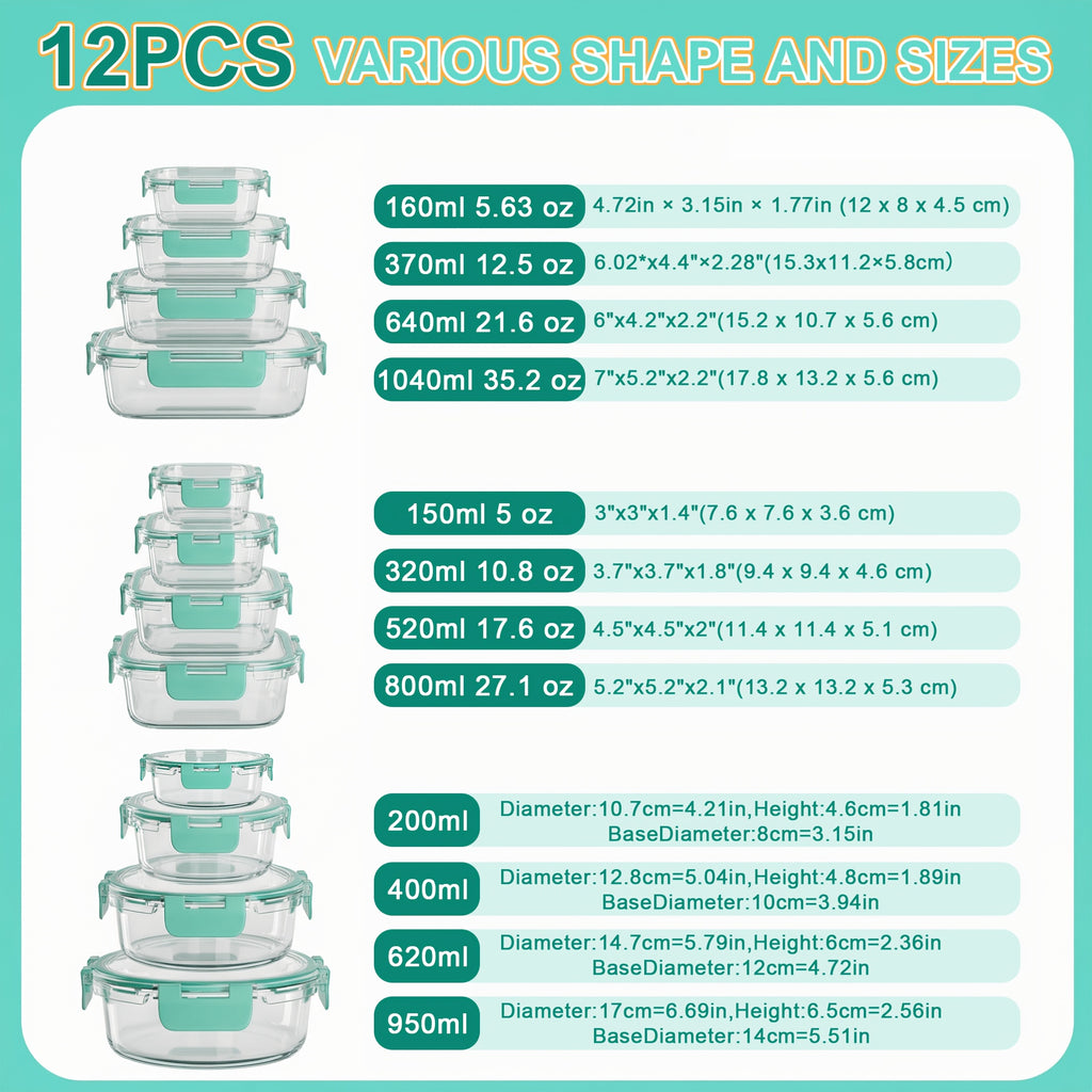 Borosilicate Glass Food Storage Containers Set with Lids – 10/17 Piece Airtight Meal Prep Bento Boxes, BPA Free, Microwave & Dishwasher Safe, Mixed Colors