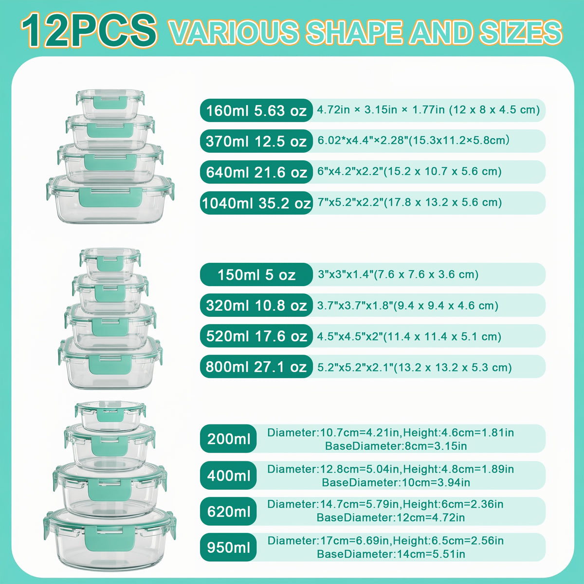 Borosilicate Glass Food Storage Containers Set with Lids – 10/17 Piece Airtight Meal Prep Bento Boxes, BPA Free, Microwave & Dishwasher Safe, Mixed Colors