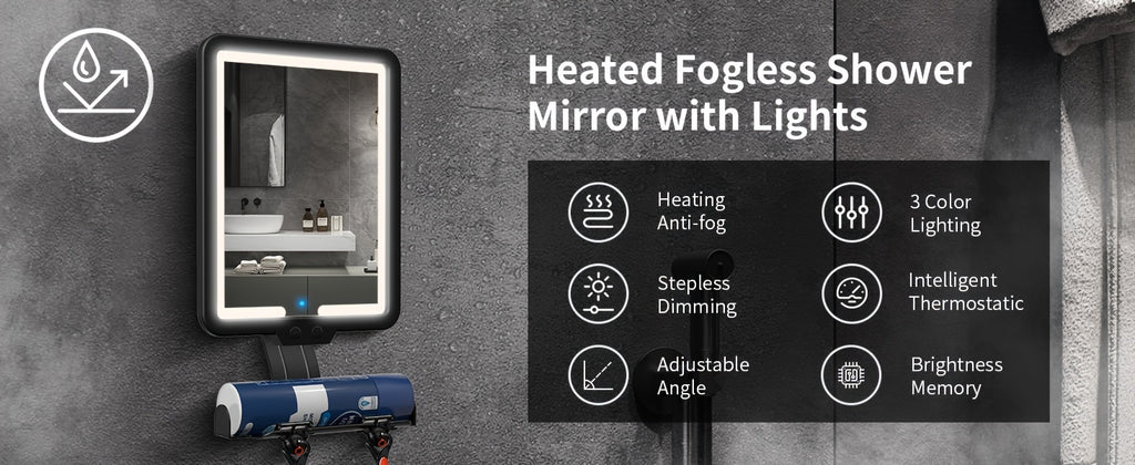 Heated Fog-Free Shower Mirror with LED Light 9.5x7 Inch | Detachable Fogless Bath Mirror with Shaving Foam Base, 2 Razor Holders & 3-Color Adjustable Brightness